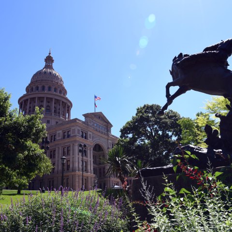a statue of a man riding a bucking bronco in front of the State Capital of Texas. Clear blue sky, purple and red flowers, green live oak trees and grass.