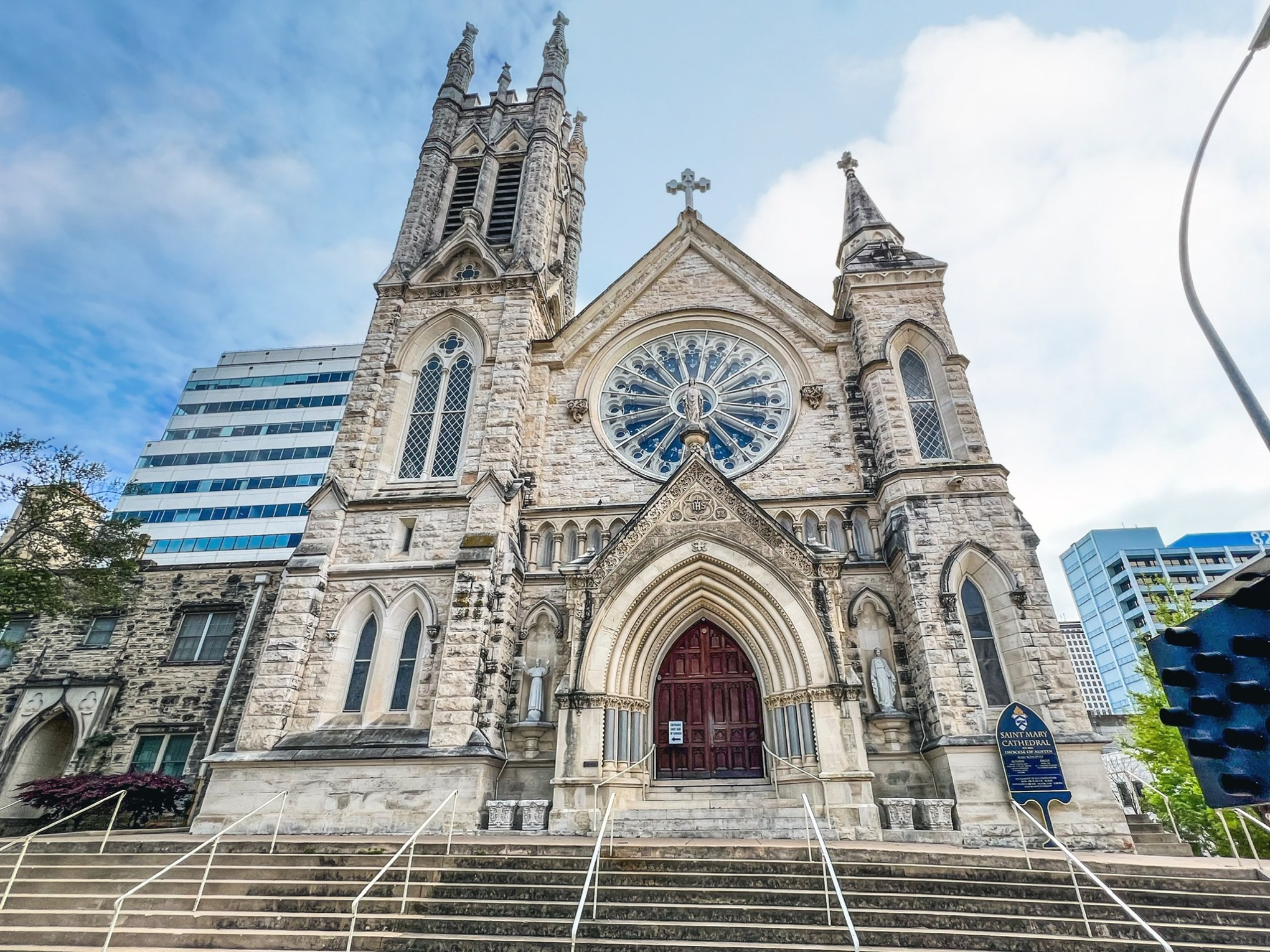Saint Mary Catholic Cathedral. A large stone building with stained glass.