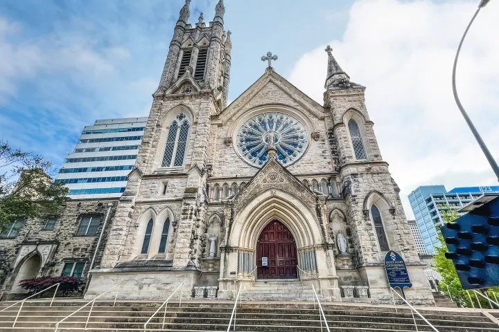 Saint Mary Catholic Cathedral. A large stone building with stained glass.