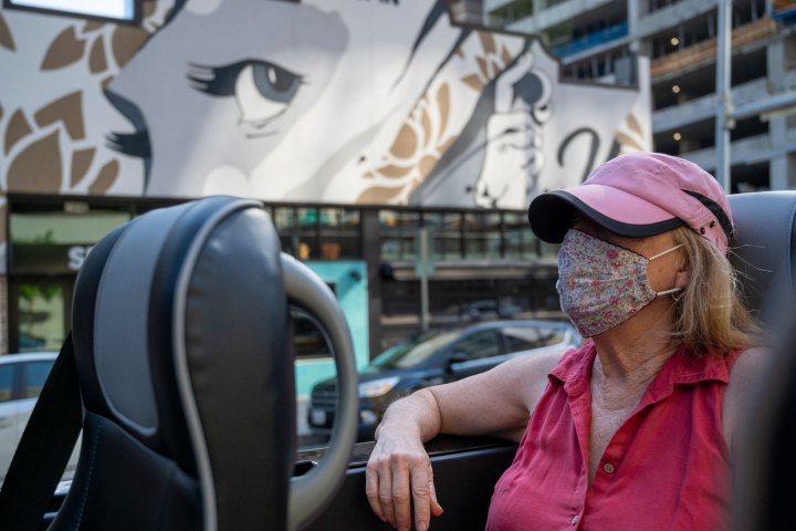 a person wearing a pink hat sitting in AO Tours Austin Panoramic Bus with face mural in the background